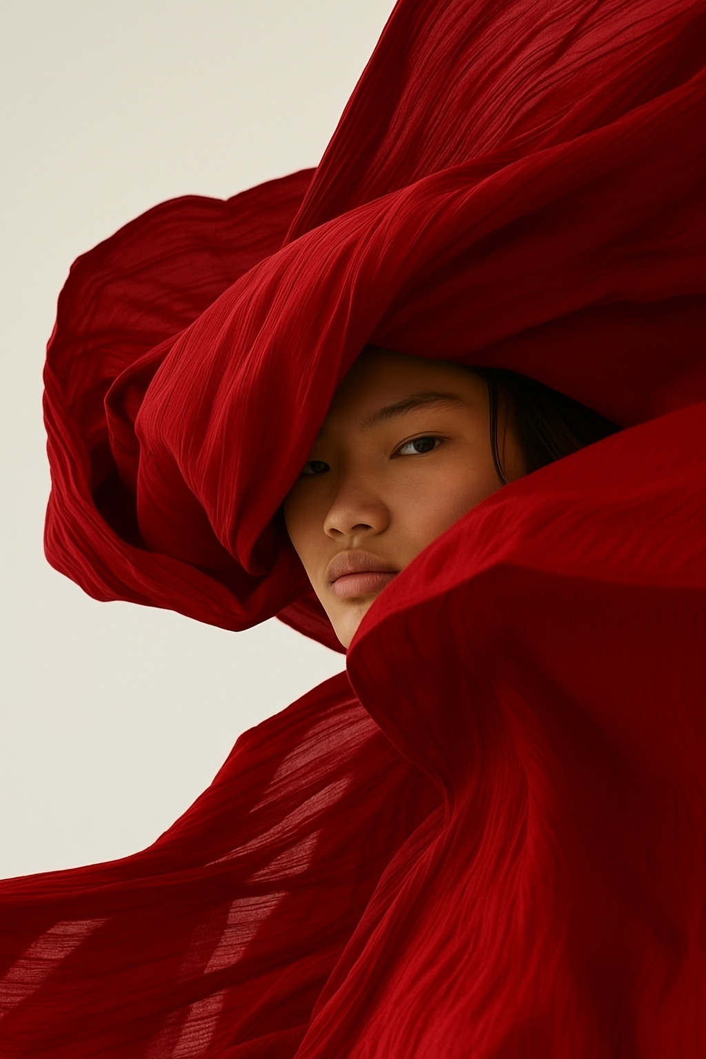 Woman in elegant red abaya in desert setting